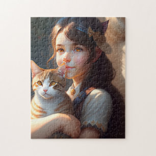 KLEINES MÄDCHEN UND KATZKUNST JIGSAW PUZZLE