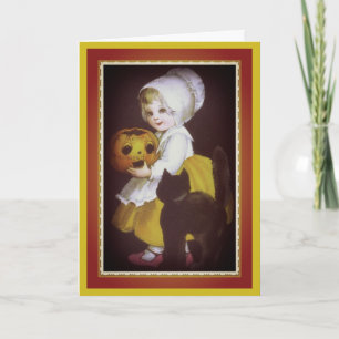 Kleines Mädchen und schwarze Katze Vintage-Hallowe Karte