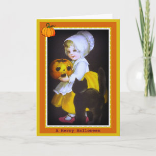 Kleines Mädchen und schwarze Katze Vintage-Hallowe Karte