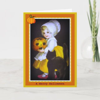 Kleines Mädchen und schwarze Katze Vintage-Hallowe Karte