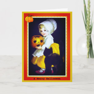 Kleines Mädchen und schwarze Katze Vintage-Hallowe Karte