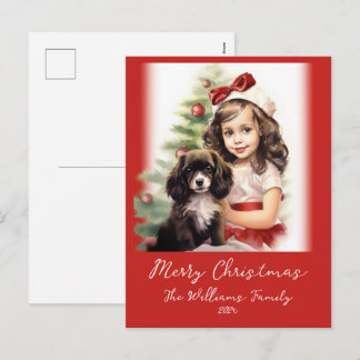 Kleines Mädchen und Welpe Foto Weihnachts-Postkart Feiertagspostkarte