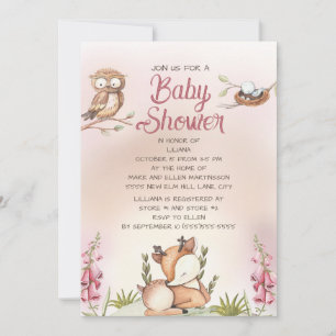 Kleines Mädchen Waldtiere Reh Eule Baby Shower Einladung