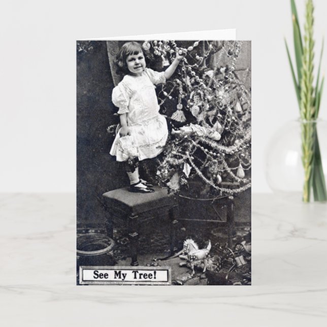 Kleines Mädchen-Weihnachtsbaum 1910 Vintag Feiertagskarte (Vorderseite)