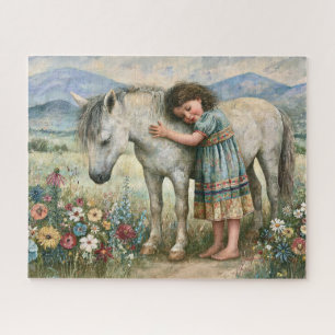 Kleines Mädchen Weiße Stute Wildblumen Wiese Puzzle