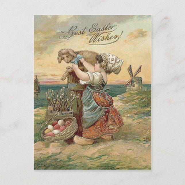Kleines Mädchen-Windmühlen-Osterei-Lamm Feiertagspostkarte (Vorderseite)