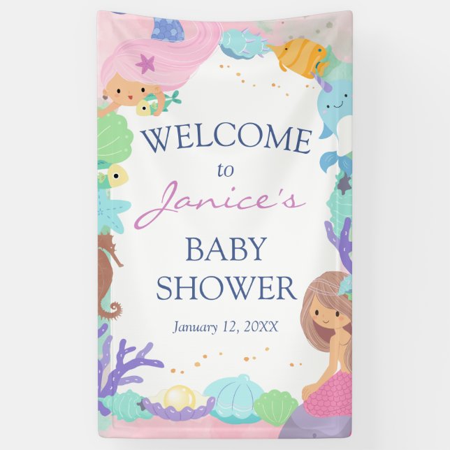 Kleines Mermaid Baby Dusche Begrüßungszeichen Banner (Vertikal)