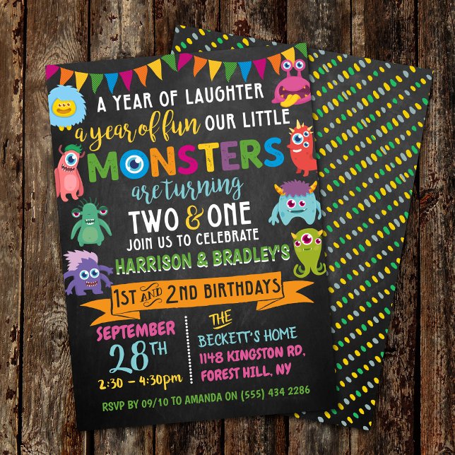 Kleines Monster Chalkboard 1. & 2. Geburtstag Einladung (Von Creator hochgeladen)