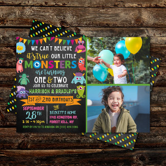 Kleines Monster Chalkboard 1. & 2. Geburtstag Einladung
