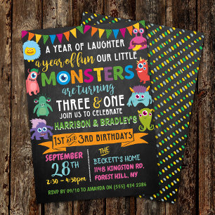 Kleines Monster Chalkboard 1. & 3. Geburtstag Einladung