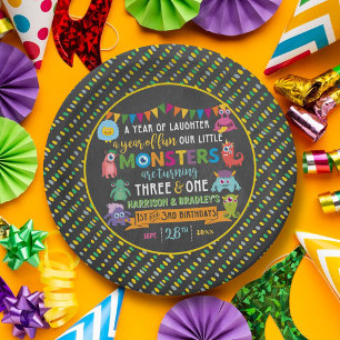 Kleines Monster Chalkboard 1. & 3. Geburtstag Pappteller