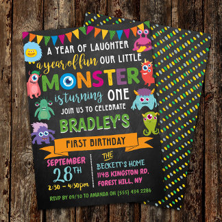 Kleines Monster Chalkboard 1. Geburtstag Einladung