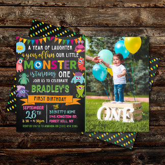 Kleines Monster Chalkboard 1. Geburtstag Foto Einladung