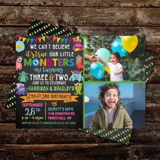 Kleines Monster Chalkboard 2. & 3. Geburtstag Einladung