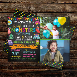 Kleines Monster Chalkboard 2. & 4. Geburtstag Einladung