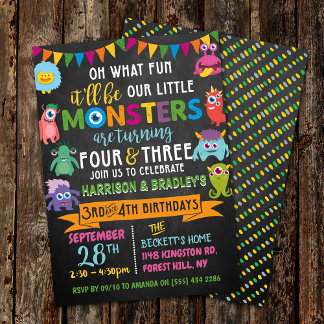 Kleines Monster Chalkboard 3. & 4. Geburtstag Einladung