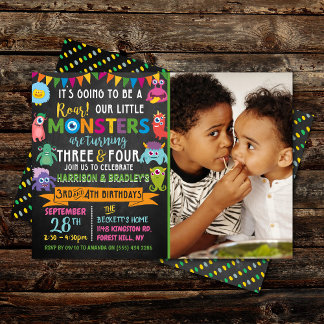 Kleines Monster Chalkboard 3. & 4. Geburtstag Einladung