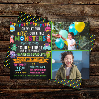 Kleines Monster Chalkboard 3. & 4. Geburtstag Einladung