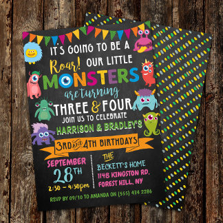 Kleines Monster Chalkboard 3. & 4. Geburtstag Einladung