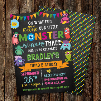 Kleines Monster Chalkboard 3. Geburtstag Einladung