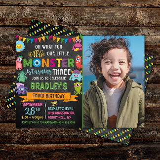 Kleines Monster Chalkboard 3. Geburtstag Foto Einladung