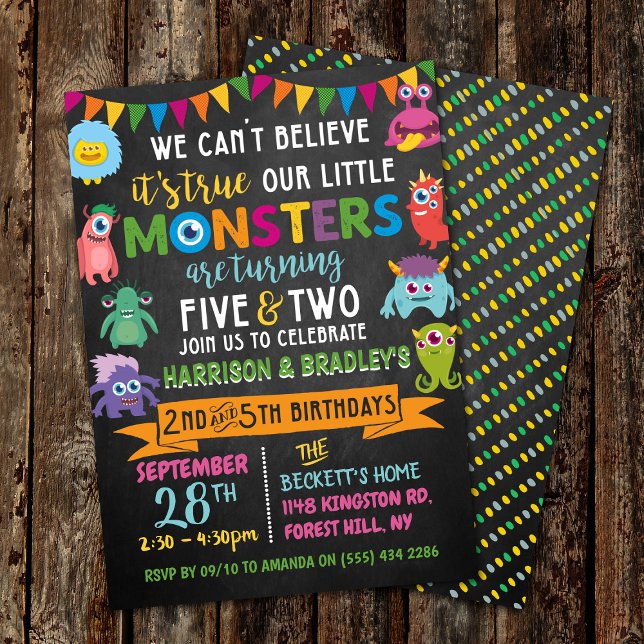 Kleines Monster Chalkboard 5. & 2. Geburtstag Einladung (Von Creator hochgeladen)