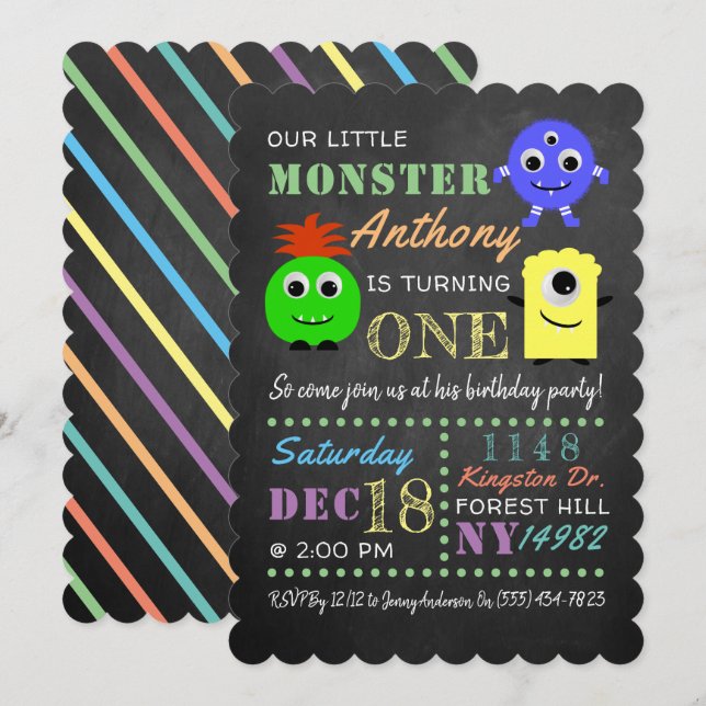 Kleines Monster-Chalkboard jedes Alters Geburtstag Einladung (Vorne/Hinten)