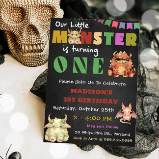 Kleines Monster thematisches 1. Geburtstag Party Einladung