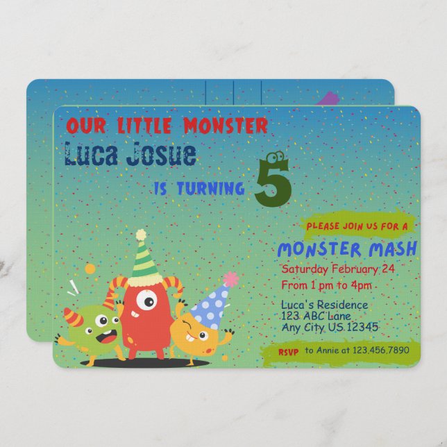 Kleines Monster zum Geburtstag Einladung (Vorne/Hinten)