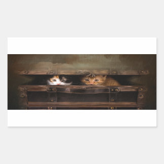Kleines niedliches Kätzchen in einem alten Holzkof Rechteckiger Aufkleber