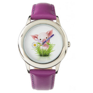 Kleines rosa Schwein in grünem Gras Armbanduhr
