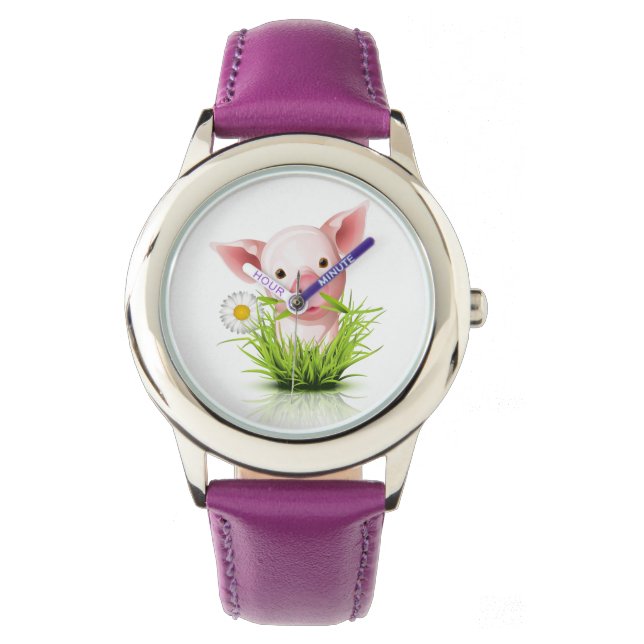 Kleines rosa Schwein in grünem Gras Armbanduhr (Vorderseite)