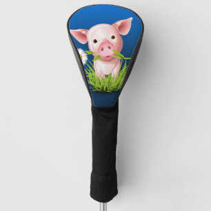 Kleines rosa Schwein in grünem Gras über blau Golf Headcover
