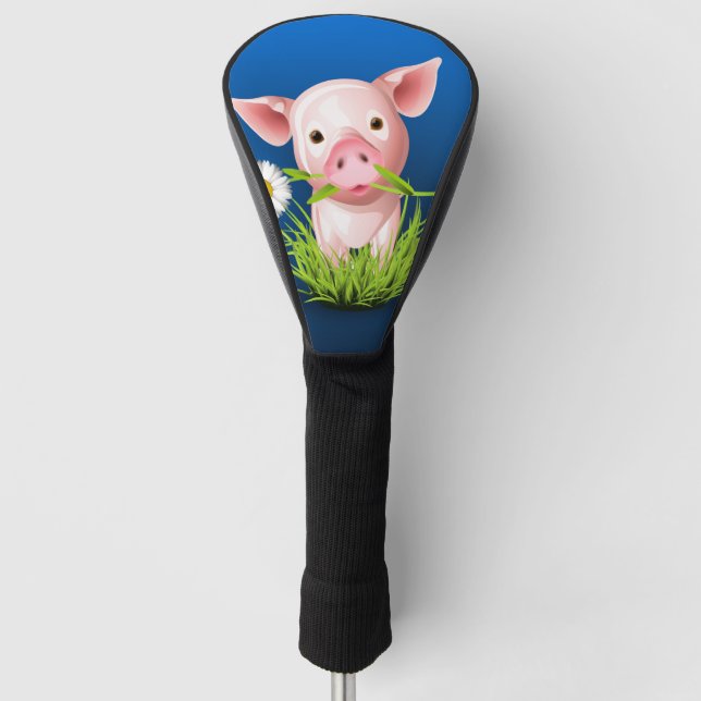 Kleines rosa Schwein in grünem Gras über blau Golf Headcover (Vorderseite)