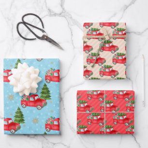 Kleines rotes Auto mit Weihnachtsbaum Geschenkpapier Set