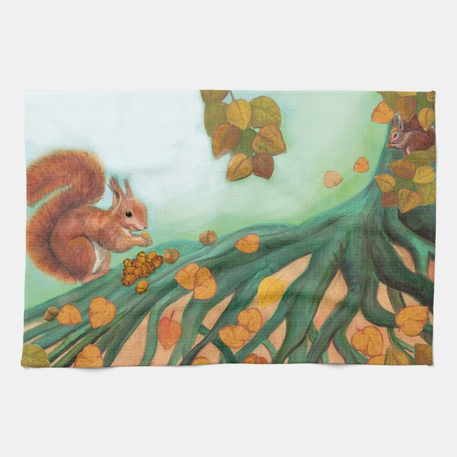 Kleines Rotes Eichhörnchen isst Hazelnüsse Illustr Geschirrtuch (Horizontal)