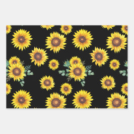 Kleines Sonnenblumenmuster auf schwarzem Hintergru Geschenkpapier Set