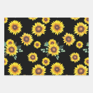 Kleines Sonnenblumenmuster auf schwarzem Hintergru Geschenkpapier Set
