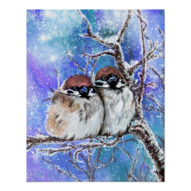 Kleines Sparrow-Paar in Winterpostermalerei Poster (Vorderseite)