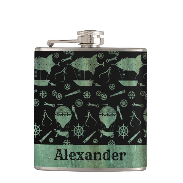 Kleines Steampunk Verdigris Luftschiff Thema Custo Flachmann (Vorderseite)