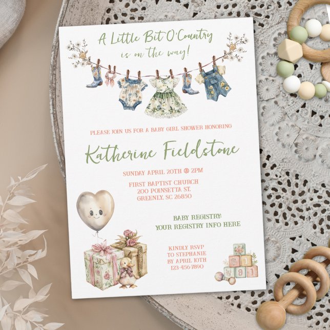 Kleines Stück Country Clothesline Baby Girl Dusche Einladung (Von Creator hochgeladen)