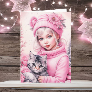 Kleines Vintage-Mädchen und süßes Kätzchen Joyeux Karte