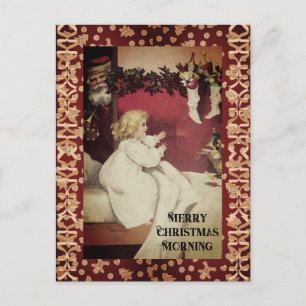 Kleines Vintage-Mädchen Weihnachtsmorgen Santa Postkarte