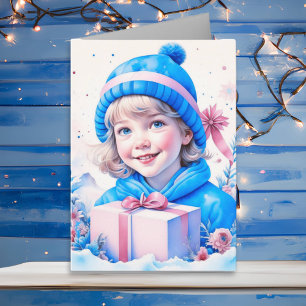 Kleines Vintages Mädchen in Blau und Rosa Weihnach Karte