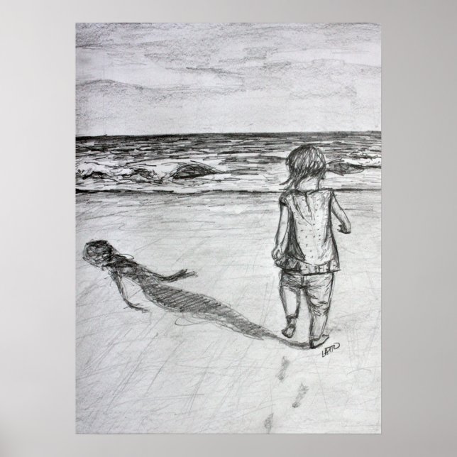 Kleinkind auf dem Beach Pencil Zeichnend Art Print Poster (Vorne)