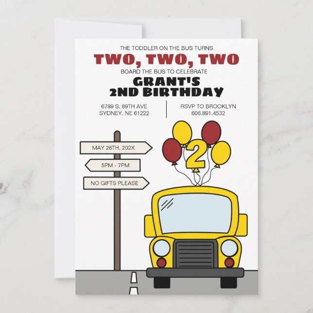 Kleinkind im Bus wird zwei - 2. Geburtstag Einladung (Vorderseite)