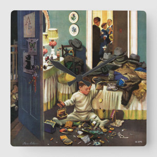 Kleinkind leert Geldbeutel Quadratische Wanduhr