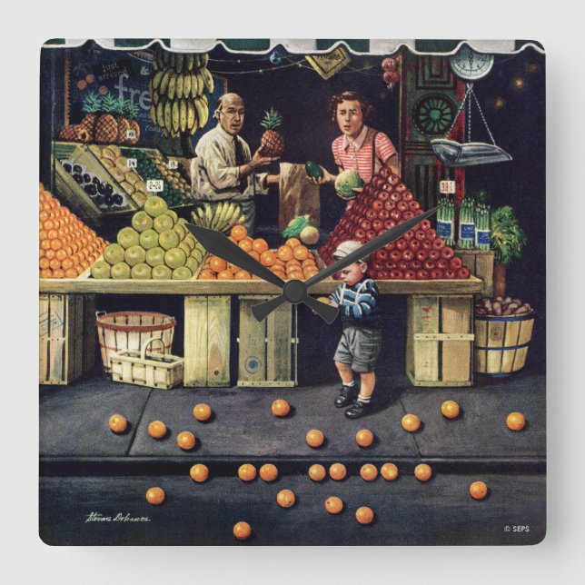 Kleinkind und Orangen Quadratische Wanduhr (Vorderseite)