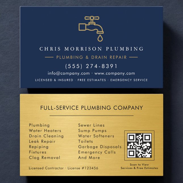 Klempner Navy Blau & Gold Metallisch QR-Code Visitenkarte (Von Creator hochgeladen)