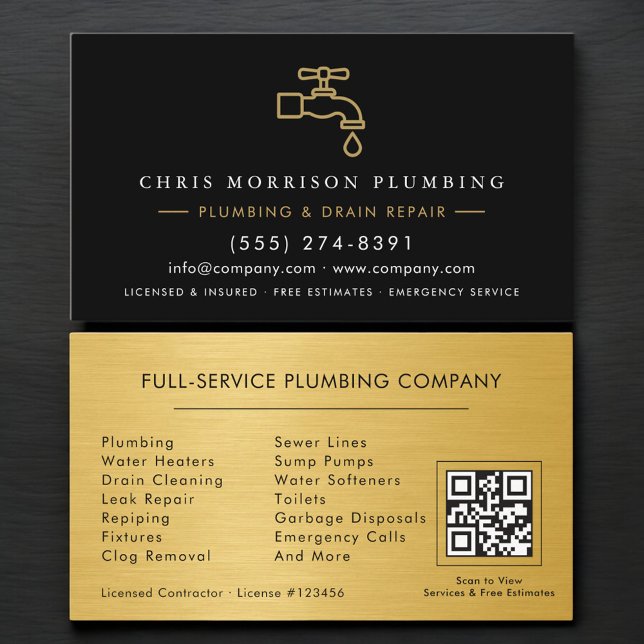 Klempner Schwarz & Gold Metallisch QR-Code Visitenkarte (Von Creator hochgeladen)